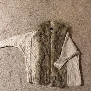 Cream Cable Knit Cardigan with Faux Fur Trim